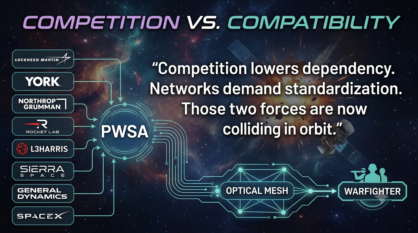 Defense Briefing graphic titled Competition vs Compatibility showing multiple defense vendors feeding into PWSA, an optical mesh and the warfighter.