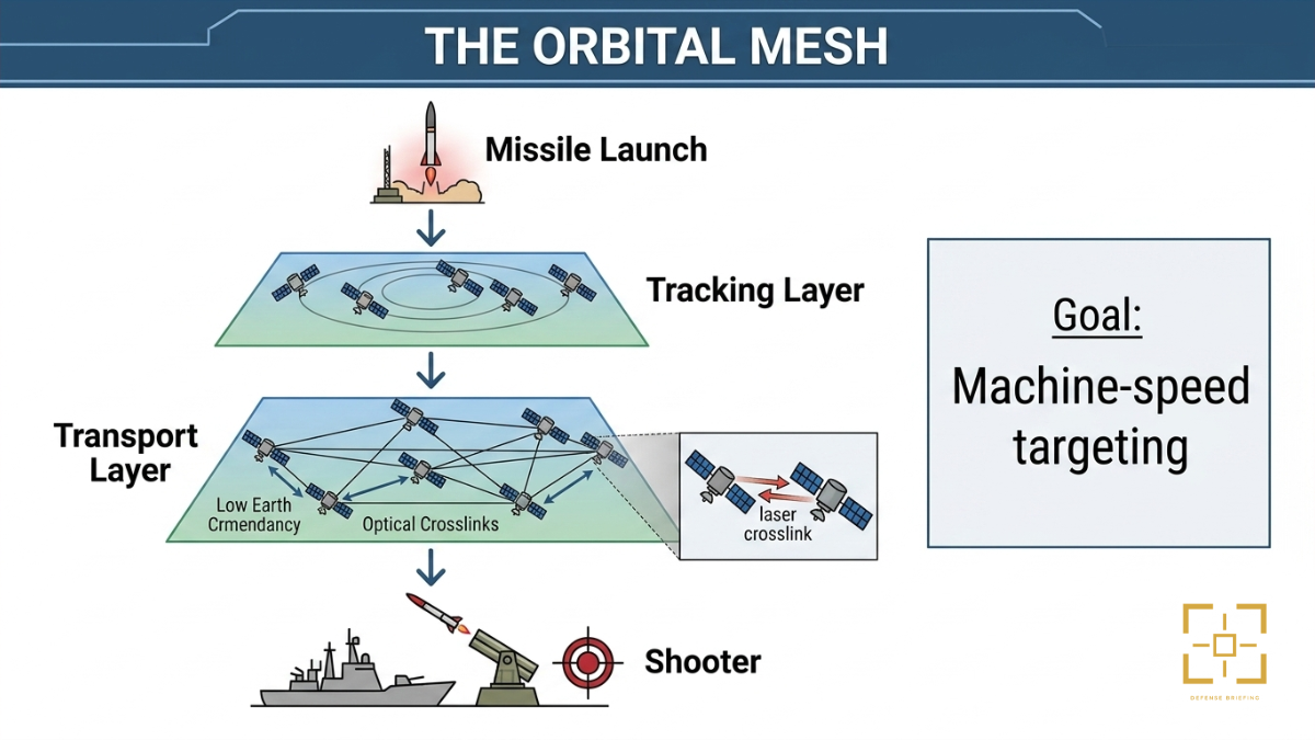 Defense Briefing diagram showing a missile launch detected by a tracking layer, routed through a transport layer with optical crosslinks, then delivered to a shooter.
