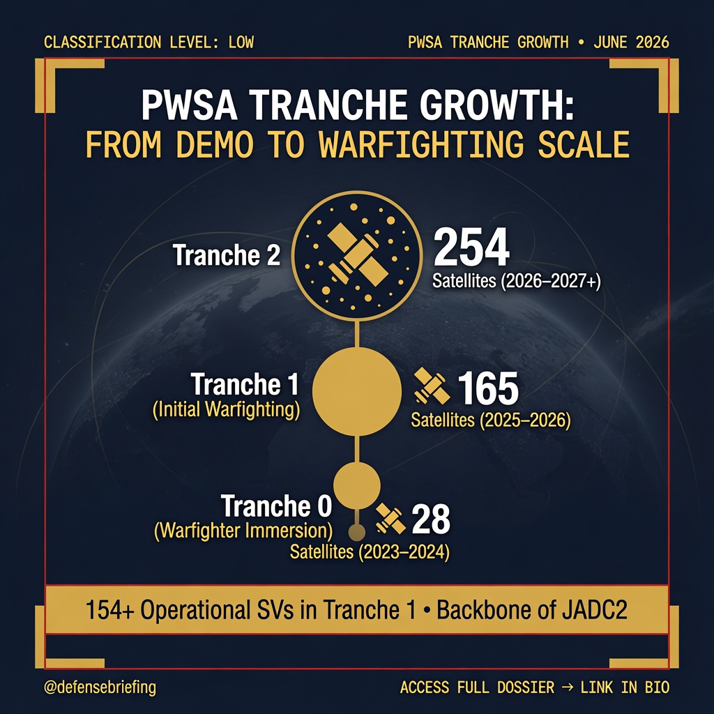 Defense Briefing graphic showing PWSA Tranche 0 with 28 satellites, Tranche 1 with 165 satellites and Tranche 2 with 254 satellites.