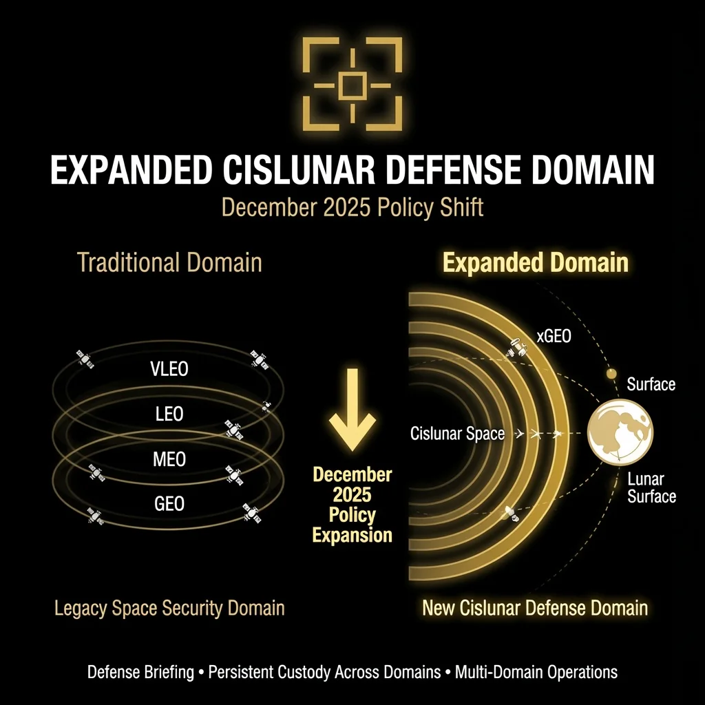 Defense Briefing graphic titled Expanded Cislunar Defense Domain showing the December 2025 policy shift from a traditional VLEO-through-GEO security domain to an expanded domain covering cislunar space, xGEO and the lunar surface.