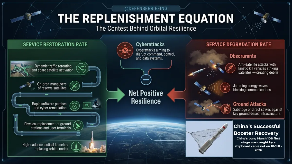 Defense Briefing infographic showing the replenishment equation: restoration rate must exceed degradation rate to maintain operational capability