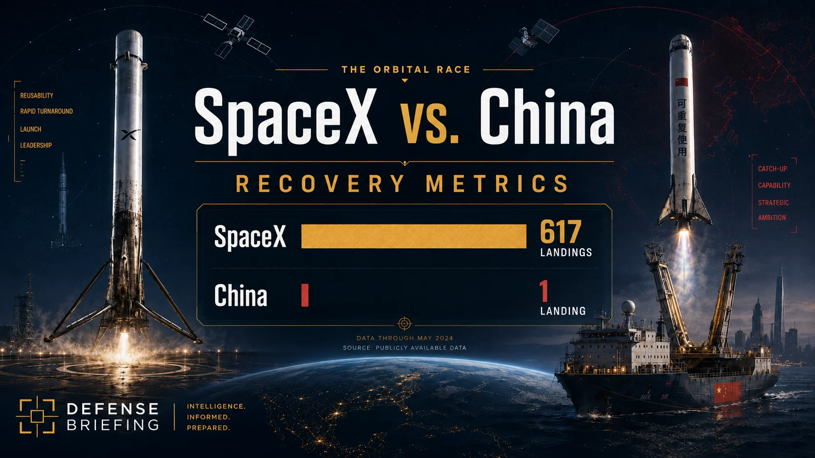 Defense Briefing chart comparing SpaceX and China booster recovery metrics, with a long gold bar for 617 SpaceX landings and a short red bar for one Chinese landing