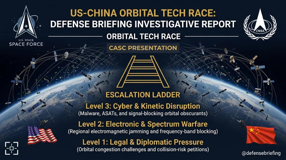 Defense Briefing infographic showing a three-level China-Russia escalation ladder from legal pressure to spectrum warfare and cyber or kinetic disruption of satellite networks
