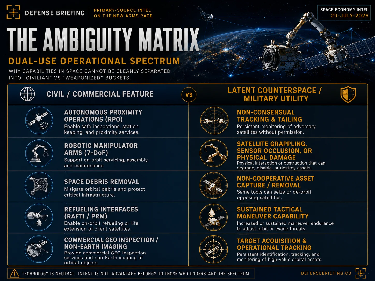 Dual-use matrix pairing five civil and commercial on-orbit servicing features, including autonomous proximity operations, seven-degree-of-freedom robotic arms, debris removal, refueling interfaces and commercial GEO inspection, against their latent counterspace equivalents such as non-consensual tailing, grappling, non-cooperative capture, sustained tactical maneuver and target acquisition.
