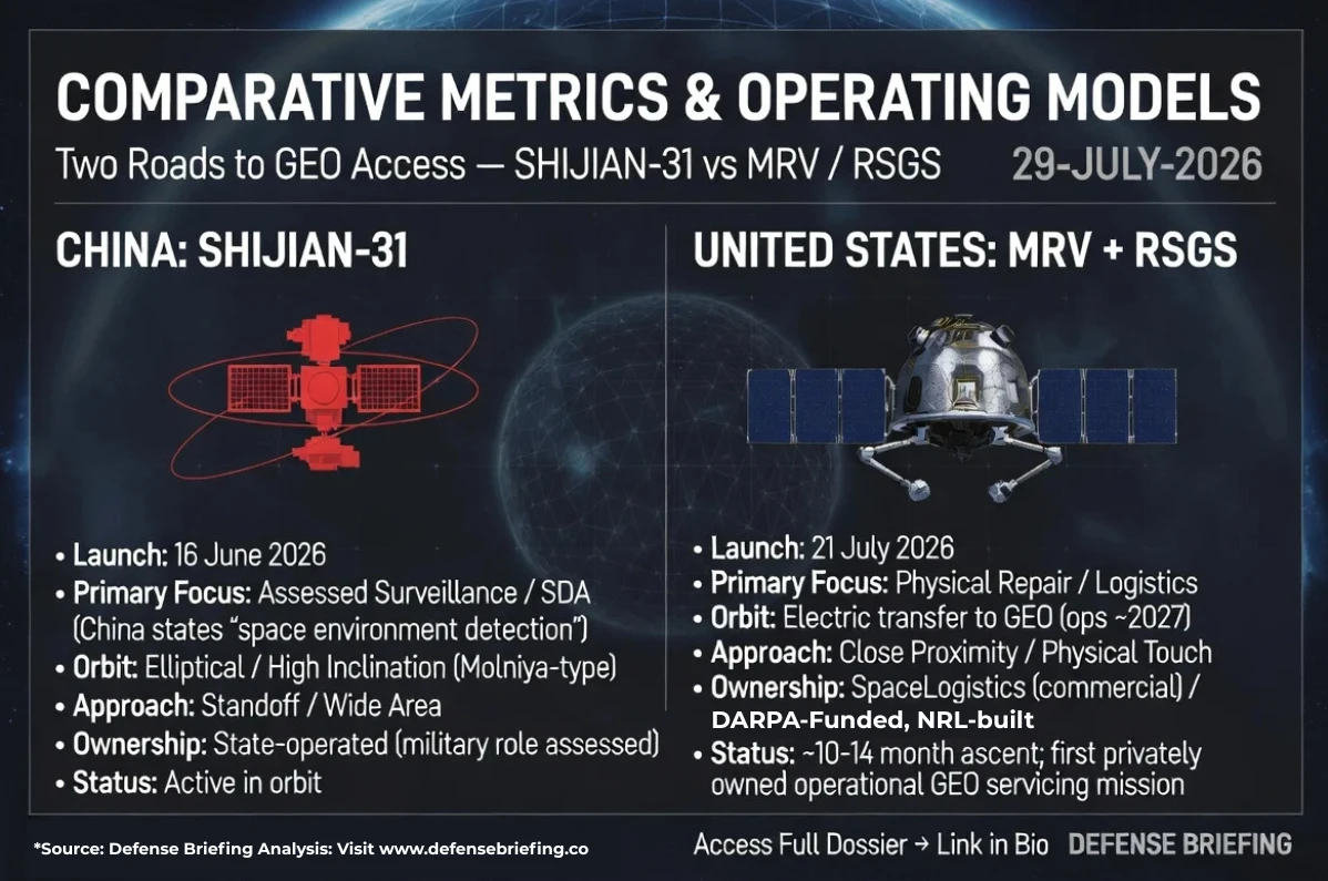 Side-by-side comparison of China's Shijian-31 and the U.S. Mission Robotic Vehicle covering launch date, primary focus, orbit type, approach, ownership and current status. Shijian-31 is state-operated and active in orbit. MRV is commercially operated by SpaceLogistics with a DARPA-funded, NRL-built payload and is still raising its orbit.